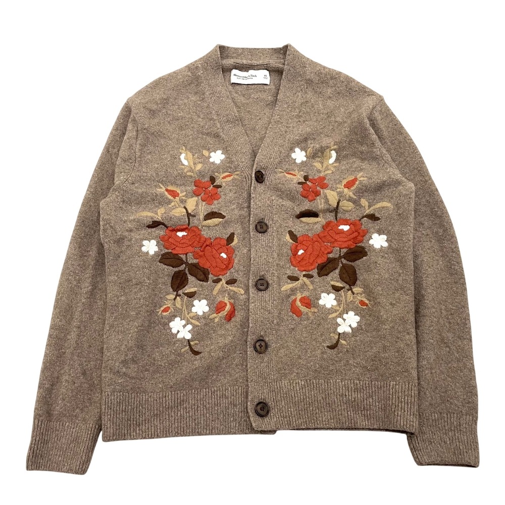 Abercrombie & Fitch Soft A&F Floral Embroidered Cardigan Sweater Womens XS Brown